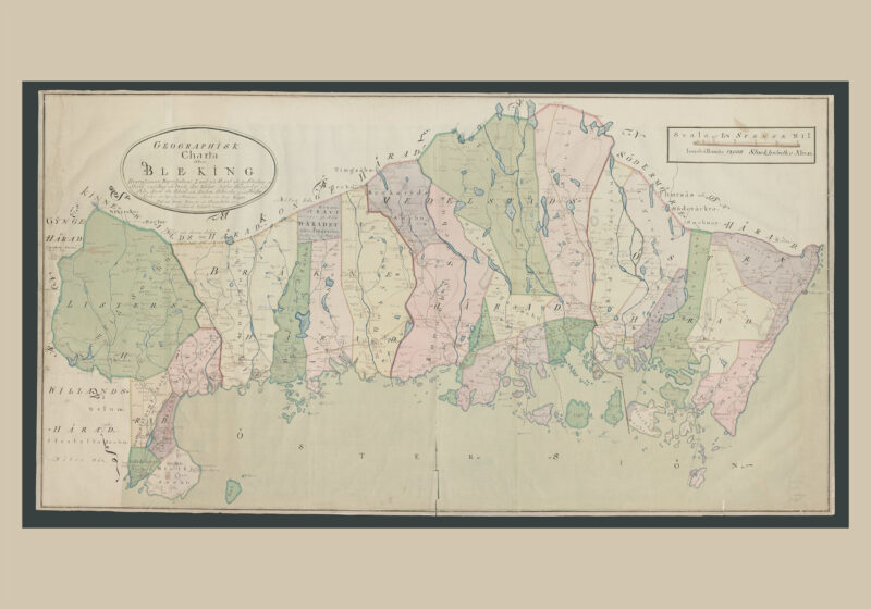 Poster showing map of Swedish province  Blekinge with forest and land, creeks, streams, lakes, cities, churches and villages, bridges, ports and shipping routes. The original of the map was made in 1797.