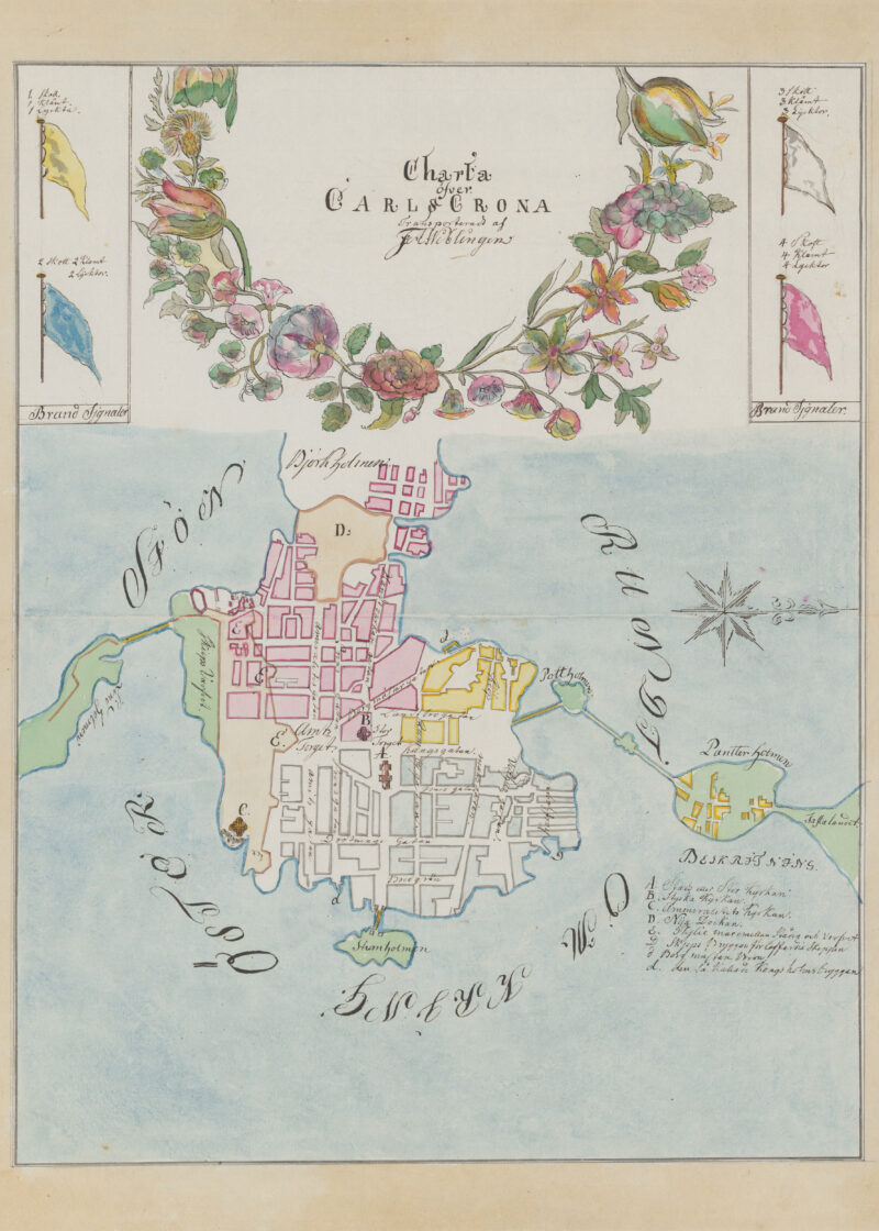 Poster showing the Swedish city Karlskrona 1700s.