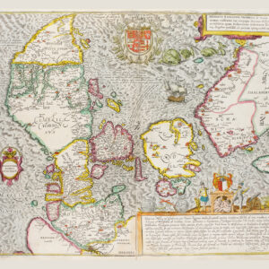 Printed poster over Denmark and southern Sweden. The original was published around 1588 by Georg Braun and Franz Hogenberg.