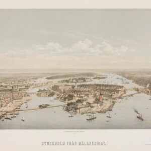 Poster with bird's eye view of Stockholm seen from Lake Mälaren. Developed by the illustrator and lithographer Otto August Mankell (1838-1885).