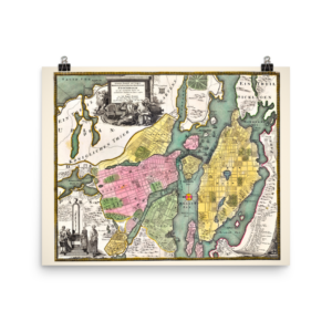 Printed poster with map of Stockholm from about 1700 to 1724. Made by Johann Baptist Homann (1664-1724).