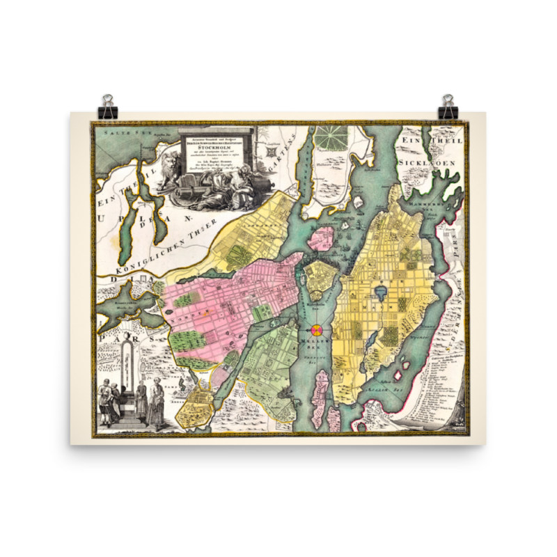 Printed poster with map of Stockholm from about 1700 to 1724. Made by Johann Baptist Homann (1664-1724).
